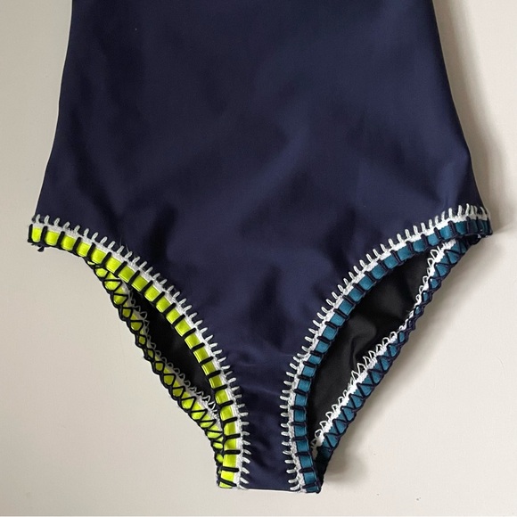 Platinum Inspired by Solange Ferrarini Women Crochet Trim OnePiece Navy Swimsuit - Picture 5 of 13